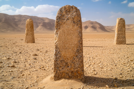 Ancient stone monoliths in desert landscapeの素材