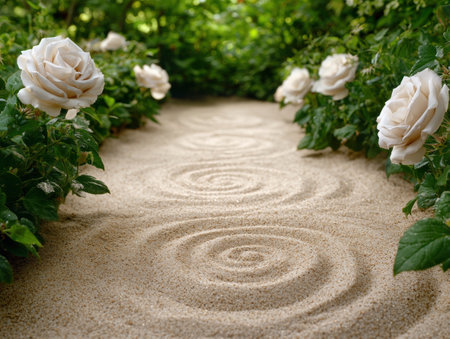 Serene garden path with white rosesの素材