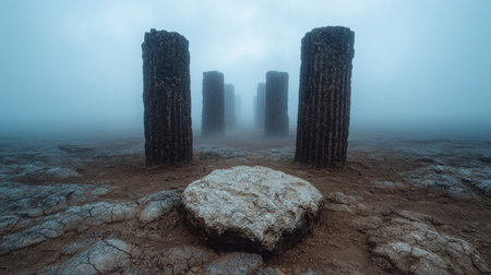 Mysterious rock formations in the fogの素材