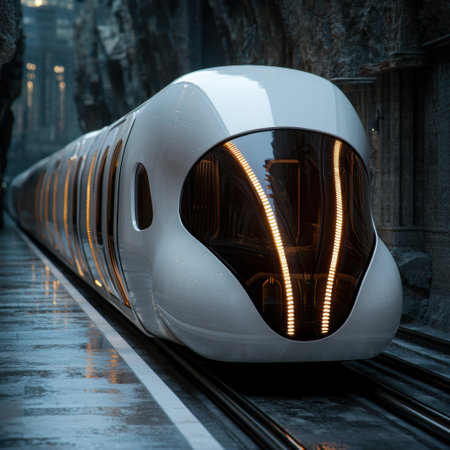 Futuristic high-speed train in a dark urban settingの素材