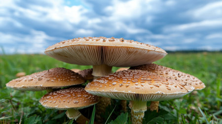 Closeup of mushrooms growing in a grassy fieldの素材