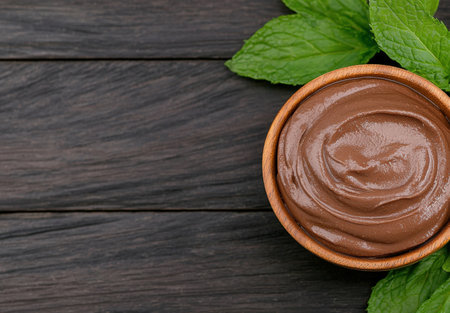 Chocolate spread in a wooden bowl with fresh mint leavesの素材