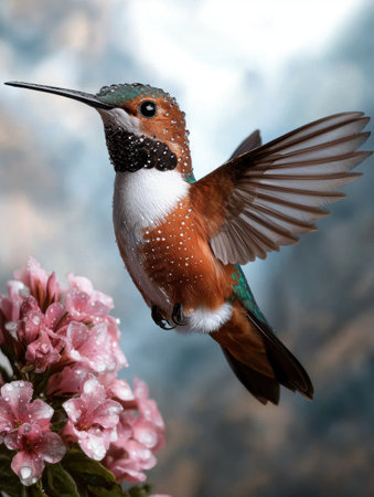 Hummingbird with colorful feathers near pink flowersの素材