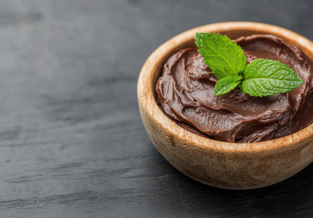 Delicious chocolate mousse dessert in a wooden bowlの素材