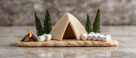 Miniature winter camping scene with marshmallows and campfireの素材