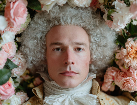man surrounded by flowers in ornate costumeの素材