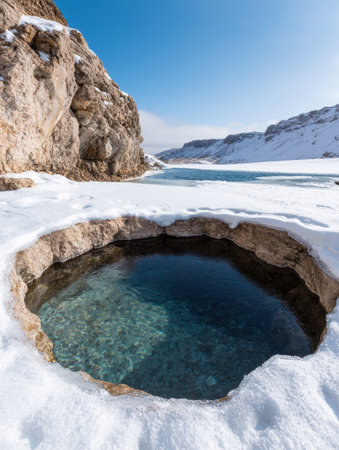 Frozen natural pool in snowy mountain landscapeの素材