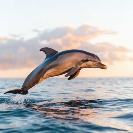 Majestic dolphin leaping out of the ocean at sunsetの素材