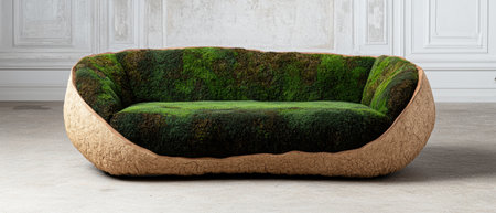 Moss-covered couch in a rustic interiorの素材