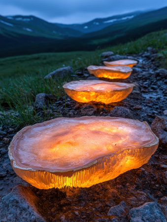 Glowing mushrooms in a moody mountain landscapeの素材