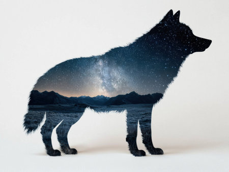 Starry night wolf silhouette landscapeの素材