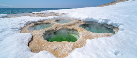 Frozen lake with natural hot springsの素材