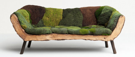 Moss-covered wooden bench in natural settingの素材