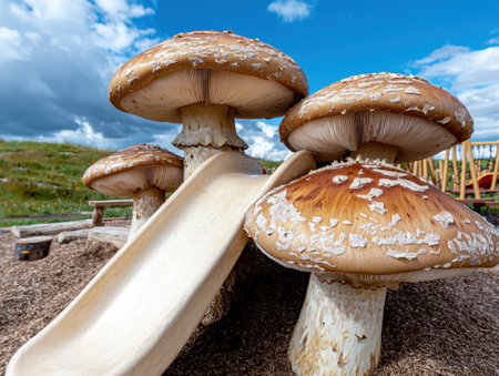 Colorful mushrooms in a natural outdoor settingの素材