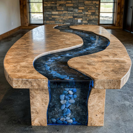 Unique wooden table with flowing blue river designの素材