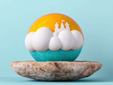 Surreal landscape with floating eggs and castleの素材