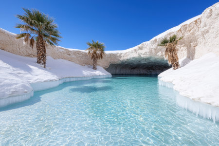 Serene winter oasis with turquoise pool and palm treesの素材