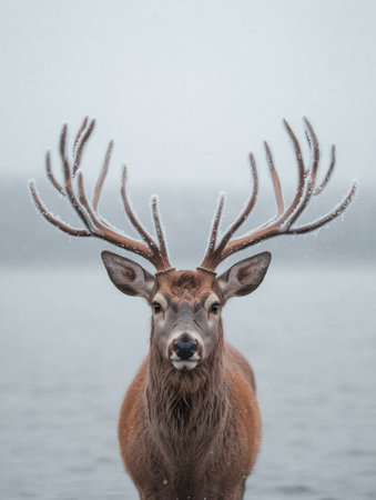 Majestic deer with antlers in the snowの素材