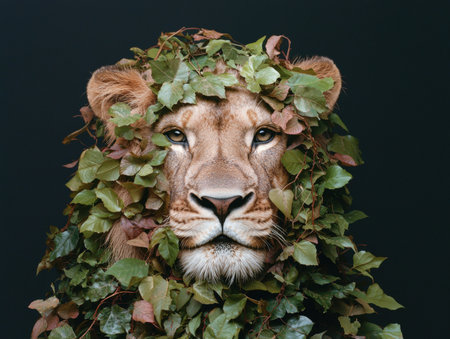 majestic lion surrounded by lush foliageの素材