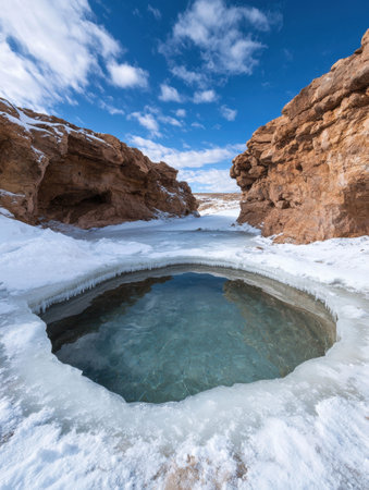 Frozen lake in snowy canyon with clear blue skyの素材