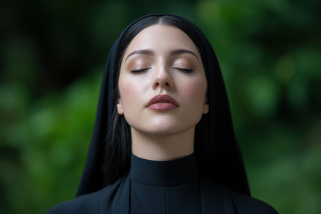 Serene woman with eyes closed in contemplationの素材