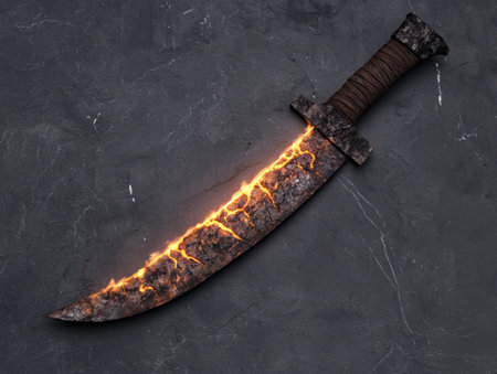 Fiery medieval sword on dark backgroundの素材