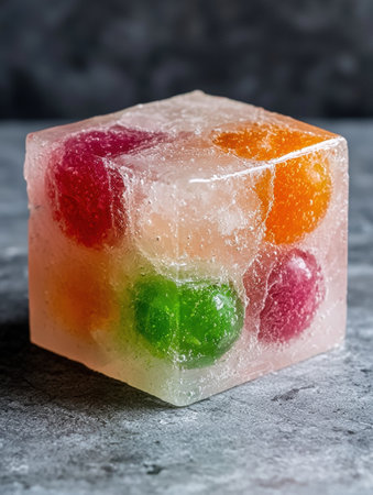 Colorful fruit ice cube on dark backgroundの素材