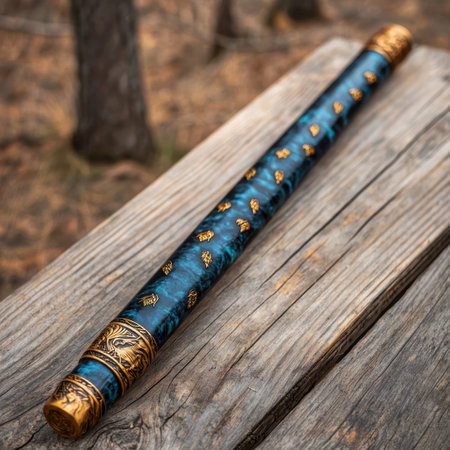 Ornate wooden walking stick with intricate gold detailingの素材