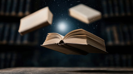 open book floating in space with starsの素材