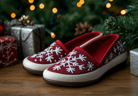 Cozy Christmas slippers with snowflake patternの素材