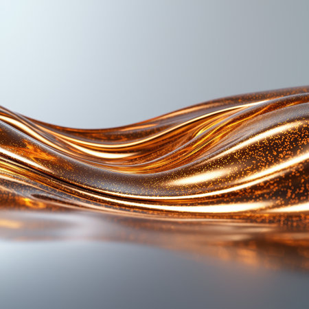Flowing amber liquid with sparkling particlesの素材