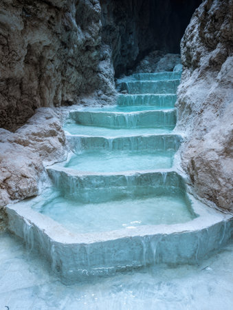 Frozen waterfall steps in snowy caveの素材