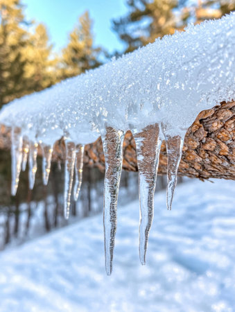 Icicles on a snowy branchの素材