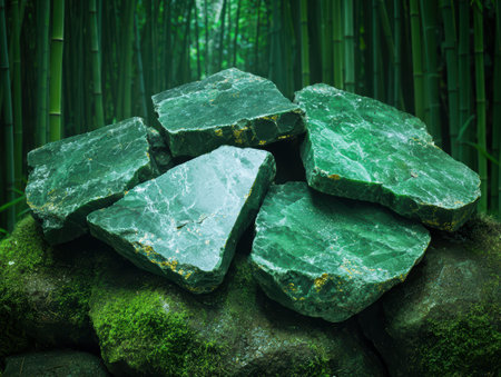 Emerald green gemstones in a bamboo forestの素材