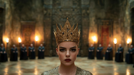 regal woman wearing golden crown in ornate palaceの素材