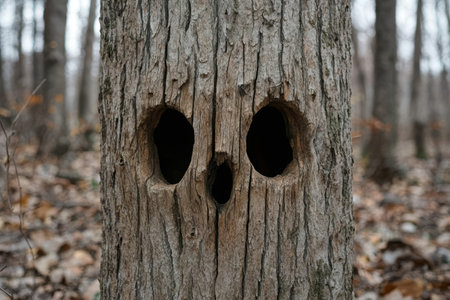 Mysterious tree trunk with eerie eye-like holesの素材