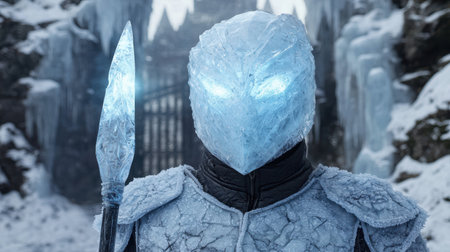 Icy warrior with crystal helmet and spearの素材