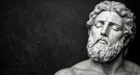 Pensive stone sculpture of a bearded man with closed eyesの素材