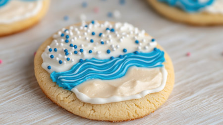 Decorated sugar cookie with blue and white frostingの素材