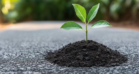 young plant growing in soil on asphaltの素材