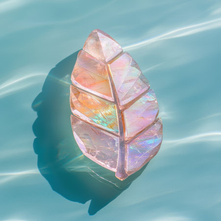 Iridescent crystal quartz stone against turquoise backgroundの素材