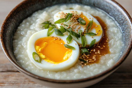 Savory rice porridge with soft boiled egg and garnishesの素材