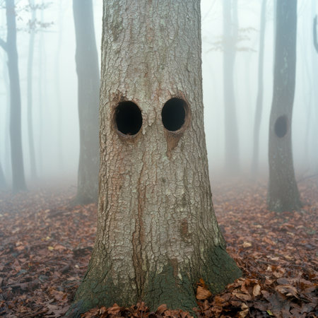 Spooky tree with haunting eyes in a mysterious forestの素材
