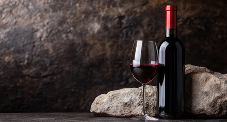 red wine bottle and glass on rocky backgroundの素材