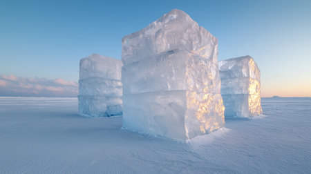 Massive ice blocks on frozen lake at sunsetの素材