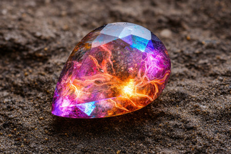 Vibrant crystal gemstone on rocky surfaceの素材