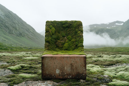 Moss-covered rock in a misty mountain landscapeの素材