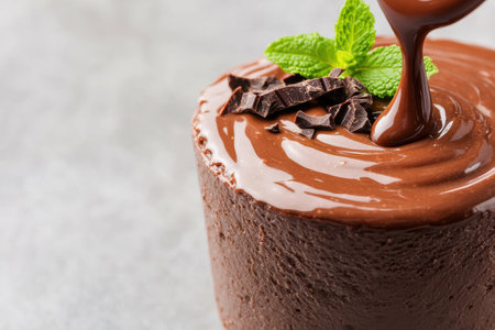Decadent chocolate cake with mint garnishの素材