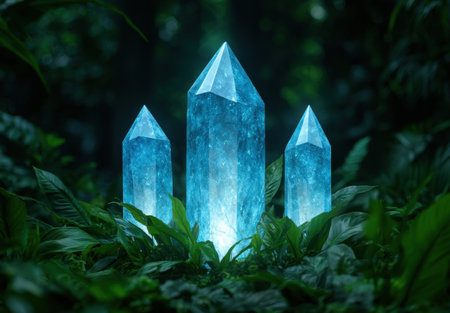 Glowing blue crystal towers in lush green forestの素材