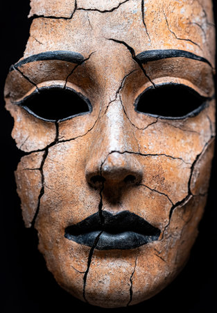 Cracked stone face with dark eyes and lipsの素材